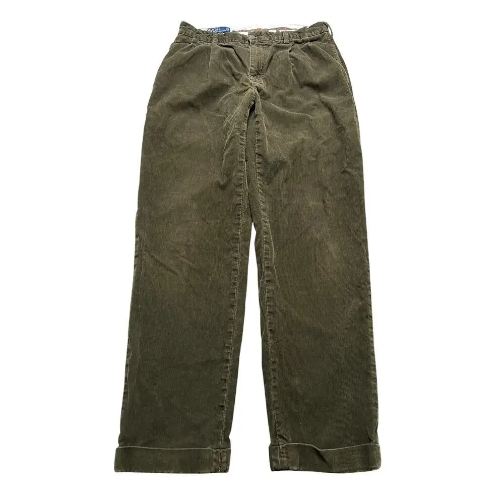 Vintage Polo Ralph Lauren HammonvCorduroy Pants Green Brown Pleated Cuffed 34/32